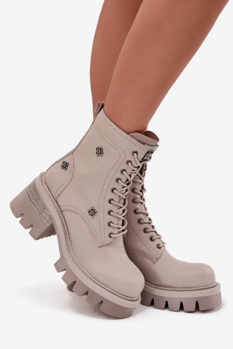 Skórzane Botki Workery Damskie Na Klocku Z Przypinkami Artiker 57C0181 Beżowe