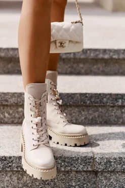 Skórzane Botki Workery Damskie Z Motylem Beżowe CheBello 4590