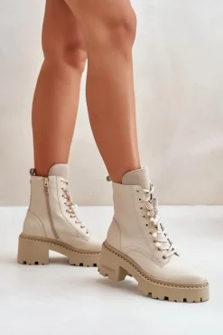 Skórzane Botki Workery Damskie Z Motylem Beżowe CheBello 4590