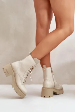 Skórzane Botki Workery Damskie Z Motylem Beżowe CheBello 4590