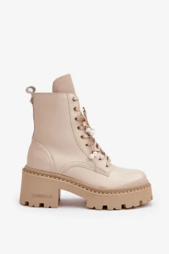 Skórzane Botki Workery Damskie Z Motylem Beżowe CheBello 4590