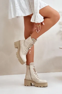 Skórzane Botki Workery Damskie Z Motylem Beżowe CheBello 4590