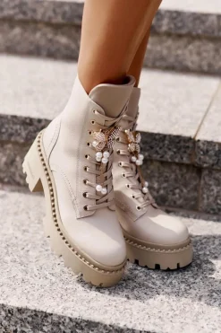 Skórzane Botki Workery Damskie Z Motylem Beżowe CheBello 4590