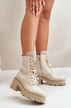 Skórzane Botki Workery Damskie Z Motylem Beżowe CheBello 4590