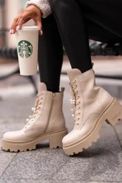 Skórzane Botki Workery Damskie Z Motylem Beżowe CheBello 4590