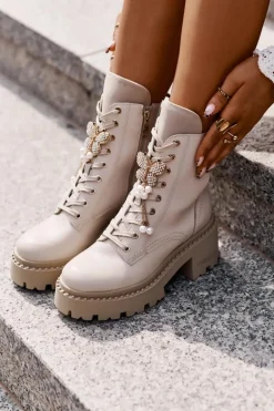 Skórzane Botki Workery Damskie Z Motylem Beżowe CheBello 4590