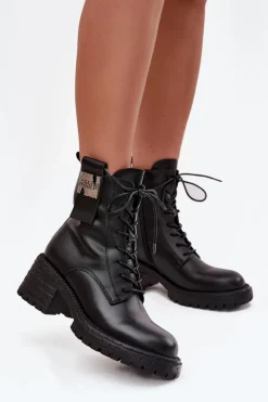 Skórzane Botki Workery Damskie Na Klocku Z Ozdobnym Detalem Artiker 57C0214 Czarne