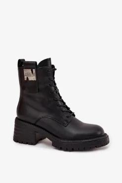 Skórzane Botki Workery Damskie Na Klocku Z Ozdobnym Detalem Artiker 57C0214 Czarne