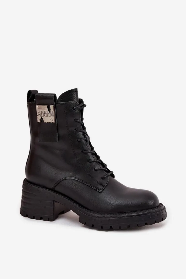 Skórzane Botki Workery Damskie Na Klocku Z Ozdobnym Detalem Artiker 57C0214 Czarne