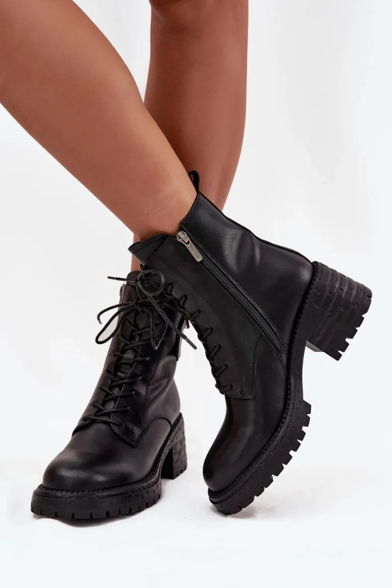 Skórzane Botki Workery Damskie Na Klocku Z Ozdobnym Detalem Artiker 57C0214 Czarne