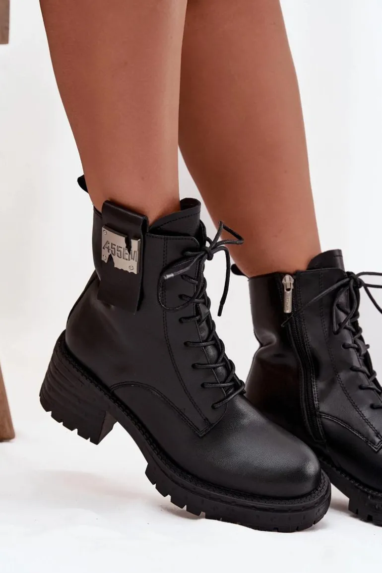 Skórzane Botki Workery Damskie Na Klocku Z Ozdobnym Detalem Artiker 57C0214 Czarne