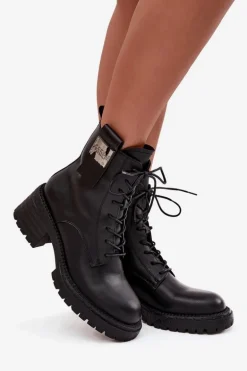 Skórzane Botki Workery Damskie Na Klocku Z Ozdobnym Detalem Artiker 57C0214 Czarne