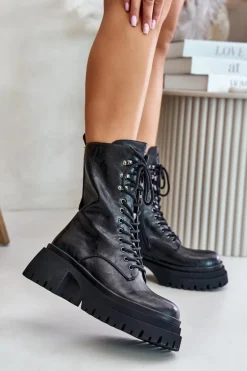 Skórzane Botki Workery Damskie Ocieplane GOE OO2N4121 Czarne