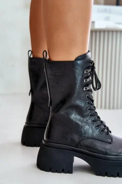 Skórzane Botki Workery Damskie Ocieplane GOE OO2N4121 Czarne