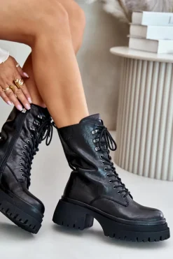 Skórzane Botki Workery Damskie Ocieplane GOE OO2N4121 Czarne