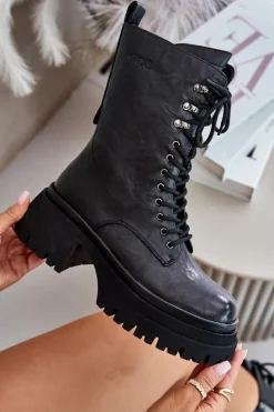 Skórzane Botki Workery Damskie Ocieplane GOE OO2N4121 Czarne