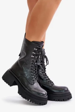 Skórzane Botki Workery Damskie Ocieplane GOE OO2N4121 Czarne