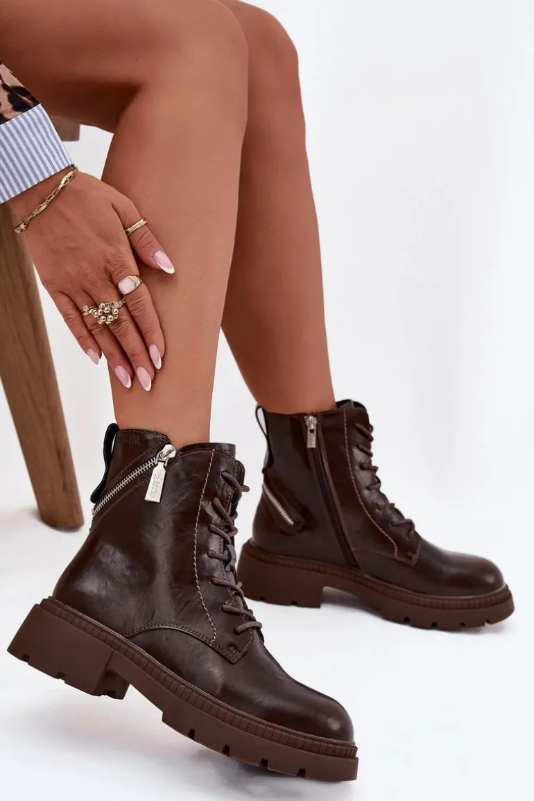 Skórzane Botki Workery Damskie Ocieplane Big Star SS274453 Brązowe