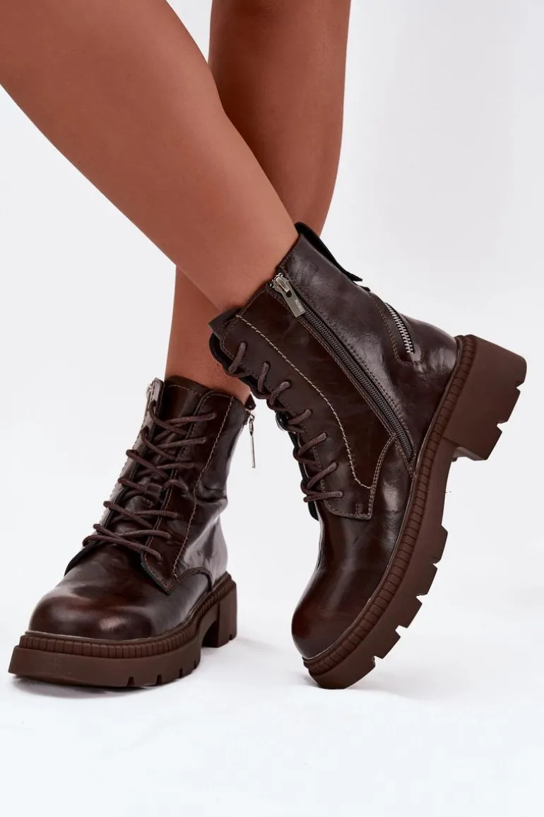 Skórzane Botki Workery Damskie Ocieplane Big Star SS274453 Brązowe