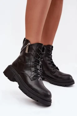 Skórzane Botki Workery Damskie Ocieplane Big Star SS274452 Czarne