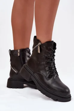 Skórzane Botki Workery Damskie Ocieplane Big Star SS274452 Czarne