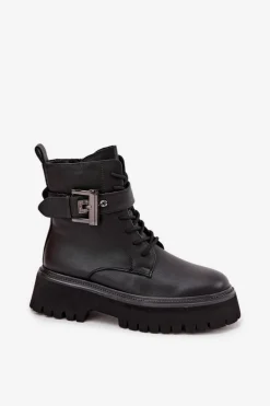 Skórzane Botki Workery Damskie Ocieplane Z Ozdobną Klamrą D&A MK52-032 Czarne