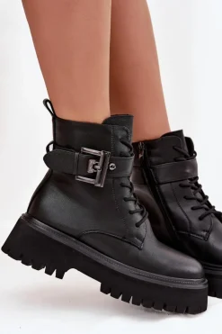 Skórzane Botki Workery Damskie Ocieplane Z Ozdobną Klamrą D&A MK52-032 Czarne