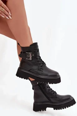 Skórzane Botki Workery Damskie Ocieplane Z Ozdobną Klamrą D&A MK52-032 Czarne