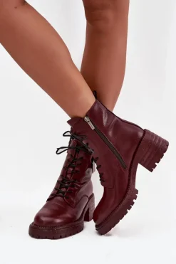 Skórzane Botki Workery Damskie Na Klocku Z Ozdobnym Detalem Artiker 57C0211 Bordowe