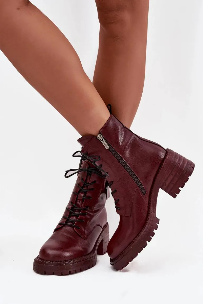 Skórzane Botki Workery Damskie Na Klocku Z Ozdobnym Detalem Artiker 57C0211 Bordowe