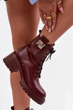 Skórzane Botki Workery Damskie Na Klocku Z Ozdobnym Detalem Artiker 57C0211 Bordowe