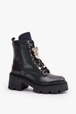 Skórzane Botki Workery Damskie Z Motylem Czarne CheBello 4590