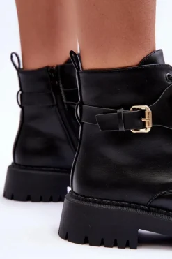 Skórzane Botki Workery Damskie Z Ozdobą Czarne Lalede