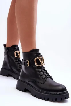 Skórzane Botki Workery Damskie Z Ozdobą Czarne Lalede