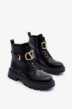 Skórzane Botki Workery Damskie Z Ozdobą Czarne Lalede