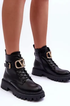 Skórzane Botki Workery Damskie Z Ozdobą Czarne Lalede