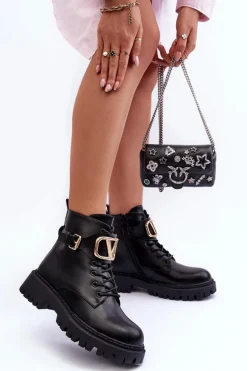 Skórzane Botki Workery Damskie Z Ozdobą Czarne Lalede