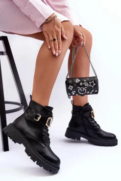Skórzane Botki Workery Damskie Z Ozdobą Czarne Lalede