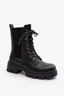 Skórzane Botki Workery Damskie Czarne Charmea