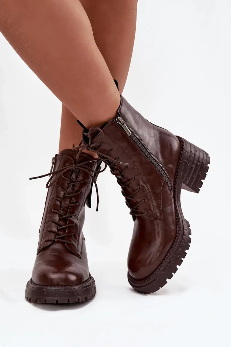 Skórzane Botki Workery Damskie Na Klocku Z Ozdobnym Detalem Artiker 57C0213 Brązowe