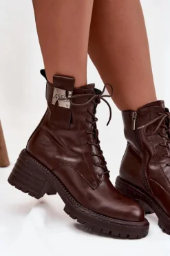 Skórzane Botki Workery Damskie Na Klocku Z Ozdobnym Detalem Artiker 57C0213 Brązowe