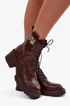 Skórzane Botki Workery Damskie Na Klocku Z Ozdobnym Detalem Artiker 57C0213 Brązowe