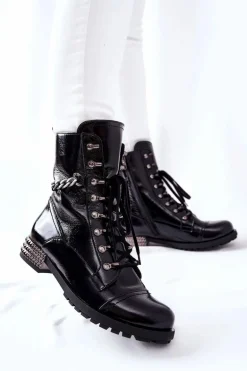 Skórzane Botki Workery Laura Messi Czarne 2209