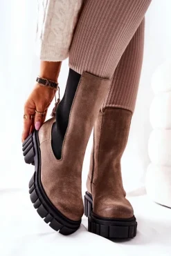 Skórzane Botki Workery Laura Messi Ciemnobeżowe 2421