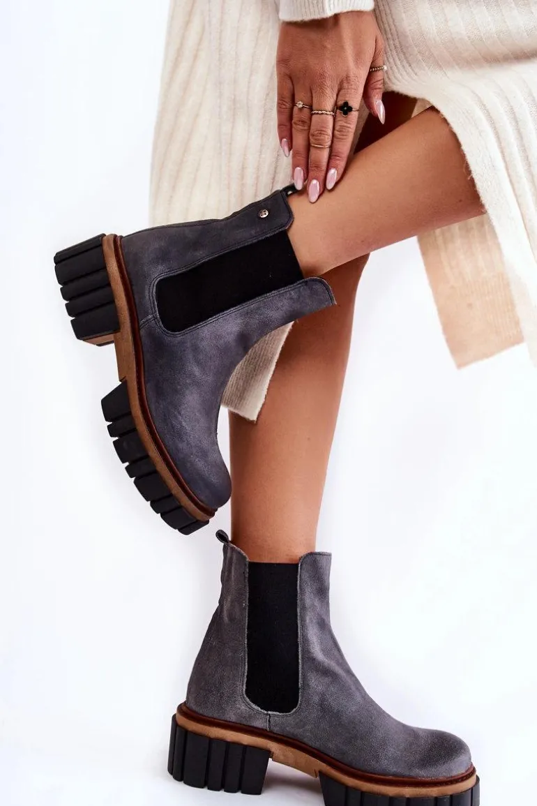 Skórzane Botki Workery Maciejka Szare 05312-03