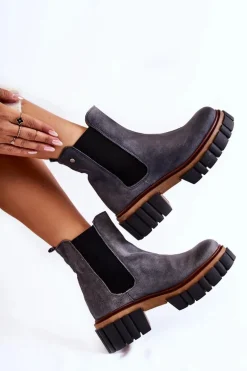 Skórzane Botki Workery Maciejka Szare 05312-03