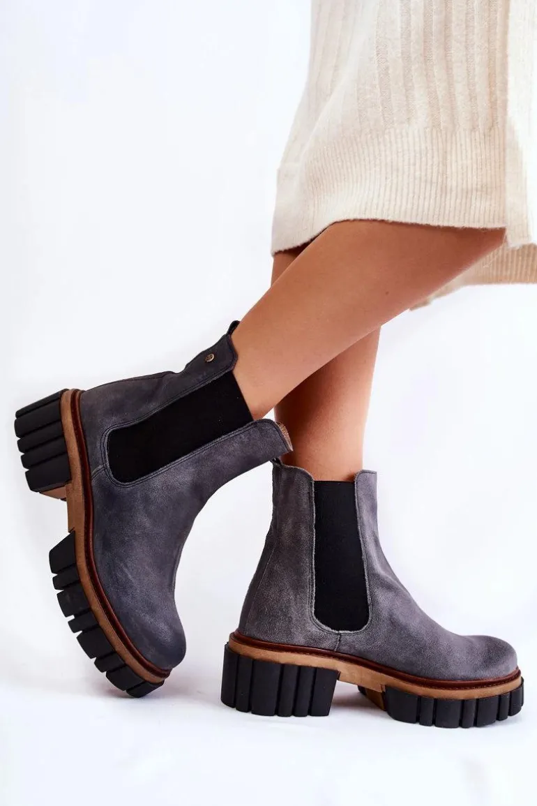 Skórzane Botki Workery Maciejka Szare 05312-03