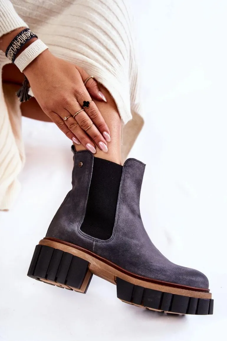 Skórzane Botki Workery Maciejka Szare 05312-03