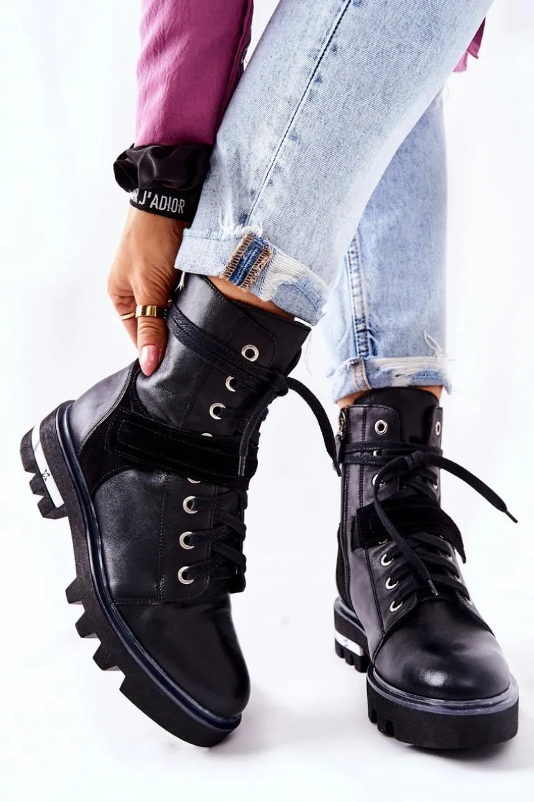 Skórzane Botki Workery Maciejka Czarne 05219-01