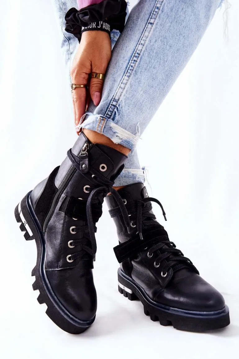 Skórzane Botki Workery Maciejka Czarne 05219-01